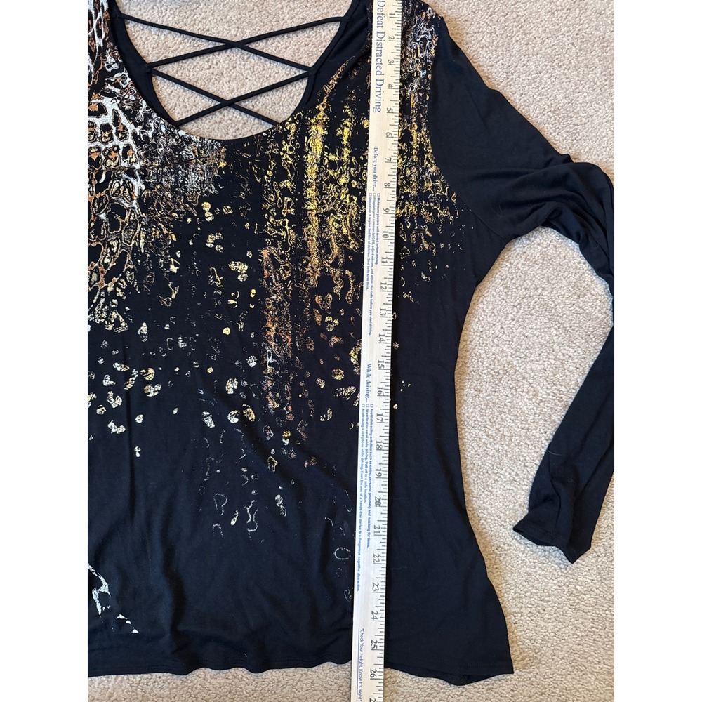 Rock & Republic Black Gold Leopard Print Long Sleeve Criss Cross Back Size XL - Picture 8 of 9